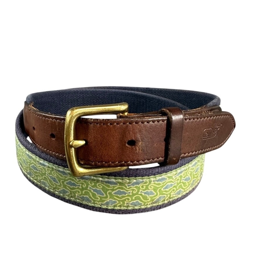 Vineyard Vines Mens Size 44 Fish Pattern Canvas Leather Club Belt Navy Green